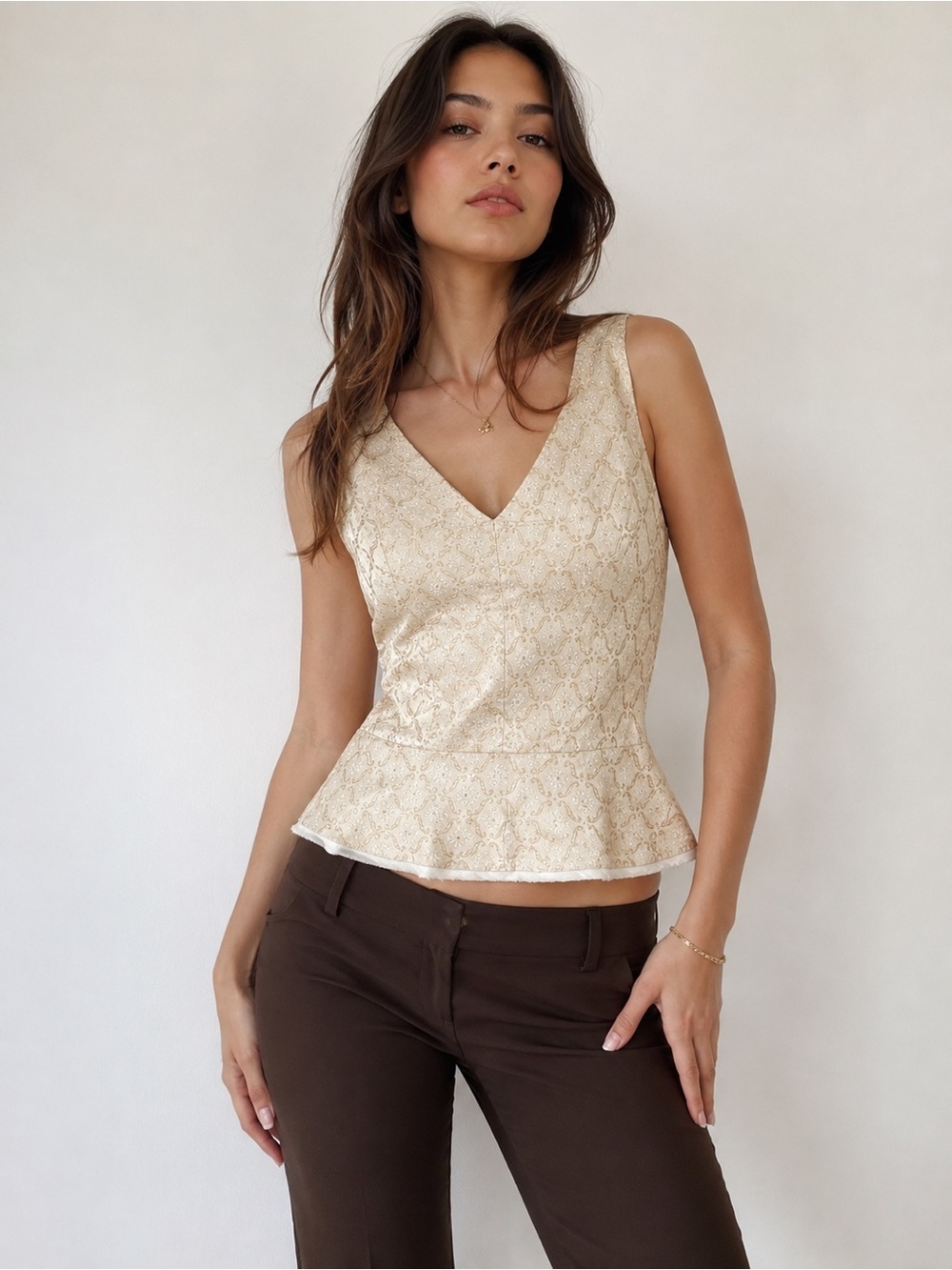 Vintage Y2K The Limited Gold Brocade Peplum Top L Side Zip